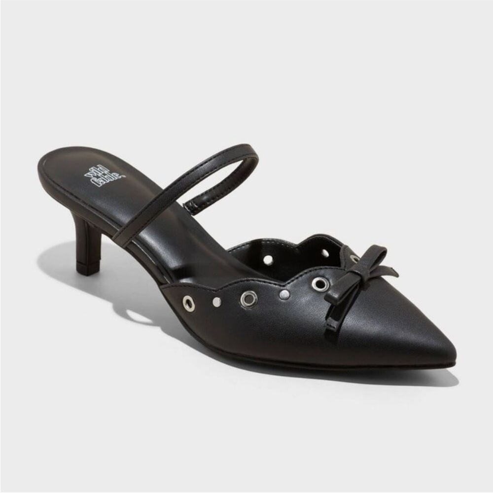 wild fable Black Pointed Toe Kitten Heel Mules with Bow & Grommets